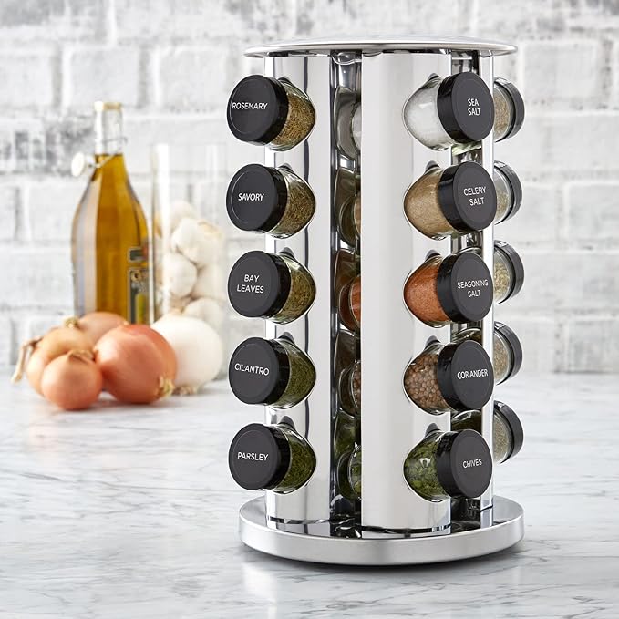 Kamenstein Revolving Countertop Spice Rack with Spices Included, FREE Spice Refills for 5 Years, Polished Stainless Steel with Black Caps, 30020, 20 Jar (Pack of 3)
