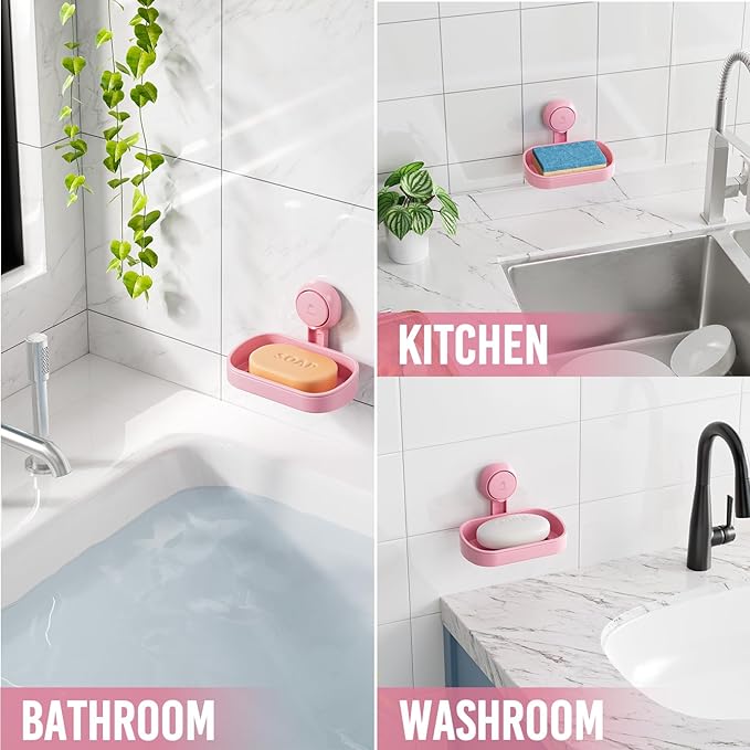 TAILI Soap Holder Soap Dish for Shower, Suction Cup Soap Holder for Shower Wall, Bathroom Accessories, Removable Strong Hold Soap Saver, Drill Free, Pink 2 Set