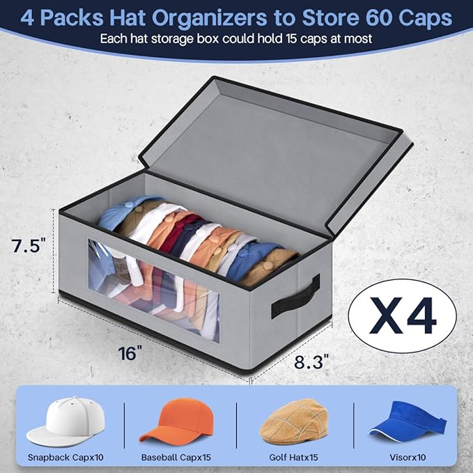 SLEEPING LAMB Stackable Hat Organzier for Baseball Caps, 4 PCS Hat Storage Boxes for Closet Hold 60 Caps with Cardboard, Grey