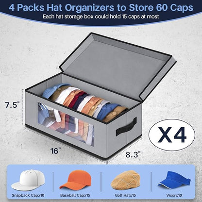 SLEEPING LAMB Stackable Hat Organzier for Baseball Caps, 4 PCS Hat Storage Boxes for Closet Hold 60 Caps with Cardboard, Grey