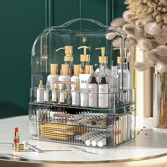 Clear Cosmetics Storage Box Transparent Lid Large Makeup Organizer Box Drawers Portable Handle Waterproof Dustproof Skincare Display Cases for Countertop Bathroom Dresser Gift
