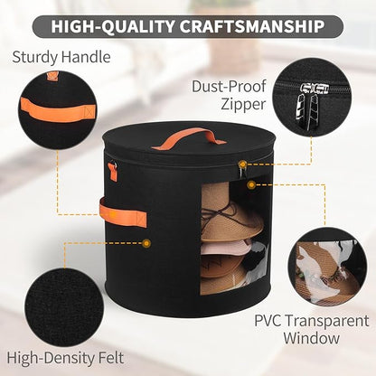 kushon Oversized Hat Storage Box for Women & Men，19" D x 17" H Cowboy Hat Boxes with 1 Wood Hook Felt travel Round Hat Organizer Box with Dustproof Lid (Black)