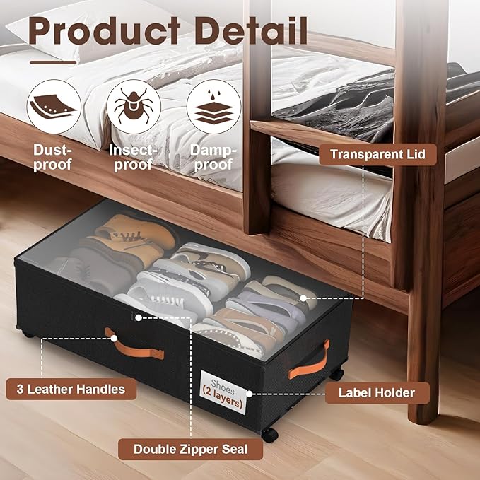 Eastherry Under Bed Storage Containers with Wheels, 9.5 inches Higher Underbed Shoes Blankets Clothes Toy Storage Drawers for College Dorms Bedrooms Nursery Rooms Organization, 2 Pack to be Assembled