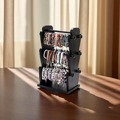 Two-Sided Rotating Wooden Jewelry Bracelet Holder Stand – 3-Tier Display with 6 Removable Bars for Bracelets, Bangles, Watches & Accessories – Black Wooden Organizer for Home or Retail Showcase