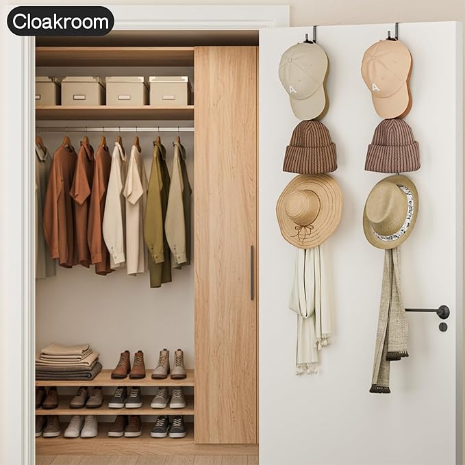 Over Door Hat Organizer,2 Pack Hat Rack with 6 Hooks and 4 Anti-Shake Adhesive Pads,Baseball Hat Organizer Holds Up to 30 Hats, Hat Storage for Door, Bedroom,Closet (Black)