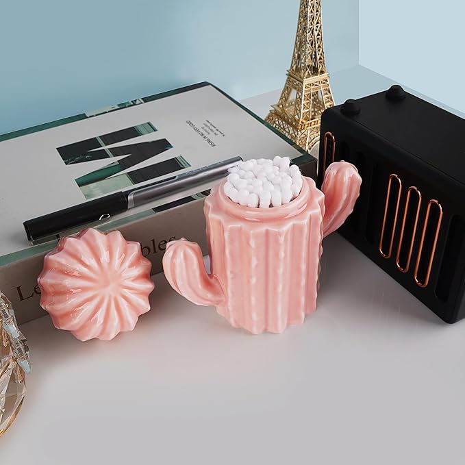 Q-tip Holder, Q-tip Holder Ceramic, Holder Dispenser for Bathroom Canister Storage Organization, for Cotton Ball, Cotton Swab, Floss Picks(Pink)