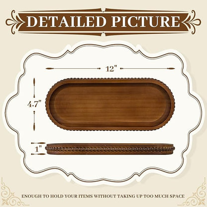 MAONAME Oval Bathroom Vanity Tray, Long Narrow Wood Tray, Rustic Decorative Trays with Beaded, Farmhouse Toilet Tank Trays for Dresser, 12" x 4.7"