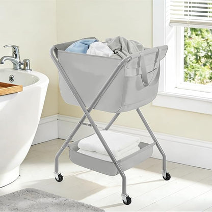 STORAGE MANIAC Collapsible Laundry Cart with Wheels 35.6"H Removable Canvas Bag Rolling Laundry Hamper Clothes Basket with Wheels, Sturdy Steel Frame Folding for Small Narrow Space Easy Storage, Grey