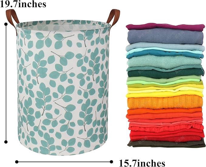 Laundry Baskets,Canvas Fabric Laundry Hamper,Collapsible Toy Storage Organizer Bins,Gift Basket for Bedroom, Clothes, Nursery,Kids,Boys (Eucalyptus leaves)