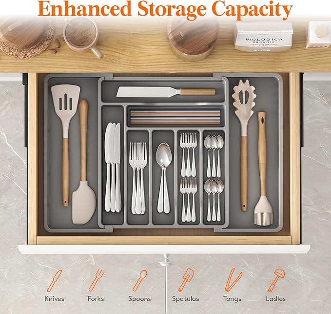 Lifewit Utensil Organizer for Kitchen Drawer, Expandable Cooking Silverware Tray, Adjustable Cutlery Flatware Holder, Plastic Spatula Tools Storage Divider, 13-22.4 x 15", Gray