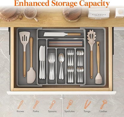 Lifewit Utensil Organizer for Kitchen Drawer, Expandable Cooking Silverware Tray, Adjustable Cutlery Flatware Holder, Plastic Spatula Tools Storage Divider, 13-22.4 x 15", Gray