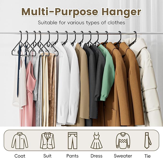 Black Plastic Hangers 18 Pack, Heavy Duty Clothes Hangers with Center Hook & Non-Slip Pants Bar for Standard Size Shirts, Pants, Coat, Dresses, Jackets, Scarves and Belts