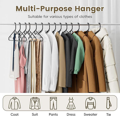 Black Plastic Hangers 18 Pack, Heavy Duty Clothes Hangers with Center Hook & Non-Slip Pants Bar for Standard Size Shirts, Pants, Coat, Dresses, Jackets, Scarves and Belts