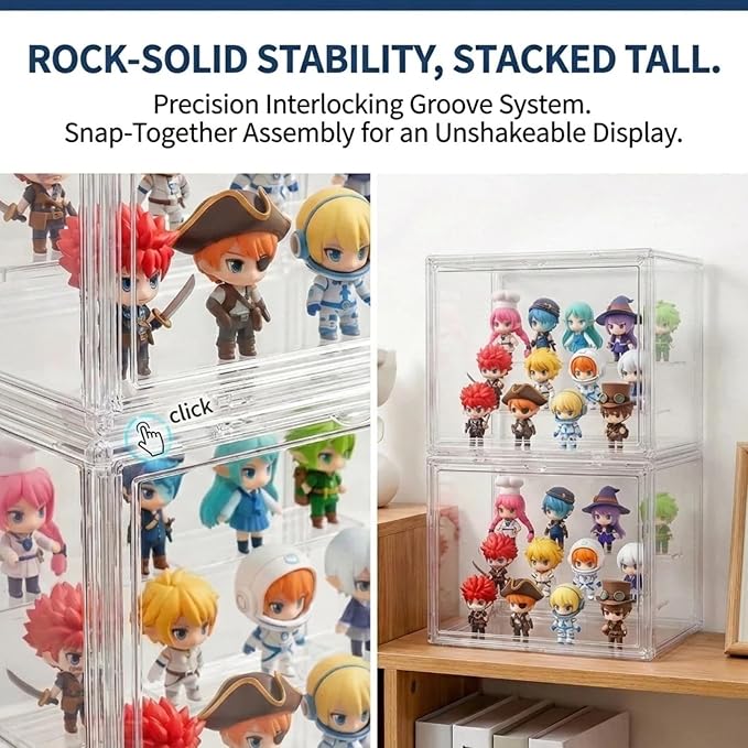 Stackable Acrylic Figure Display Case with Magnetic Door - Clear Showcase, 3-Tier Removable Stand, Dustproof Storage for Mini Figures & Blind Boxes (10.6 x 7.1 x 8.7 In)