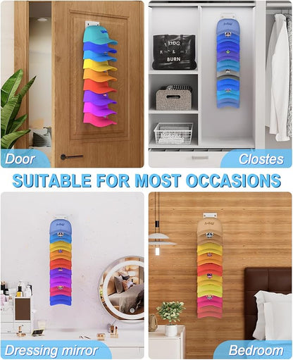 2 Pack Hat Organizer for Baseball Caps, Strong Adhesive Hat Rack for Wall, Multilayer Hat Storage Display Holder for Door Closet, Cap Organizer Storage Wall Mounted Hat Hooks Hold up to 18 Hat (White)