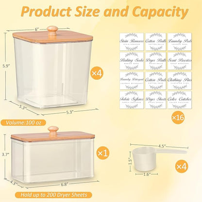 efluky 4+1 pack Laundry Pods Container & Dryer Sheet Holder Set,Clear Laundry Room Organization Containers with Bamboo Lids and Labels,Laundry Pods Holder for Scent Booster,Powder,Pod