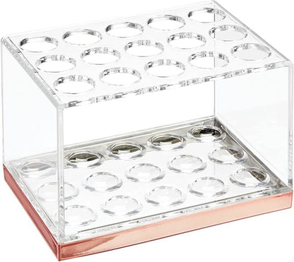 mDesign Plastic Makeup Brush Storage Organizer with 15 Slots for Bathroom Countertop, Vanity to Hold Eye/Lip Pencils, Lip Gloss, Liners, Lipstick - Clear/Rose Gold