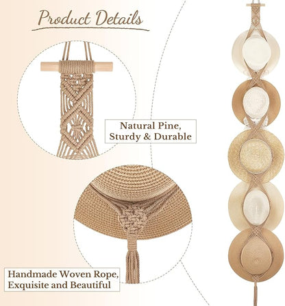 Dahey Macrame Hat Hangers Hat Rack for Wall Cowboy Hat Organizer Hanging Display Hand Weaving Bobo Hat Holder Western Decor for Wide Brim Hats Bowler Fedora Hats, 5 Hat Style Brown