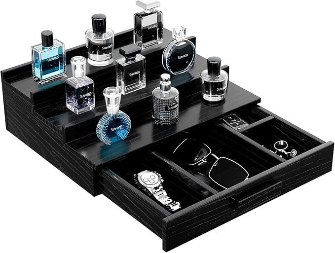 Walnut Wood Cologne Organizer for Men,3 Tier Cologne Stand,Cologne Shelf Display Holder,Perfume Stand Organizer with Hidden Compartment and Drawer,Great Gift for Men,Black