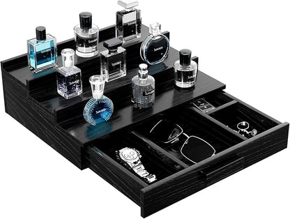 Walnut Wood Cologne Organizer for Men,3 Tier Cologne Stand,Cologne Shelf Display Holder,Perfume Stand Organizer with Hidden Compartment and Drawer,Great Gift for Men,Black