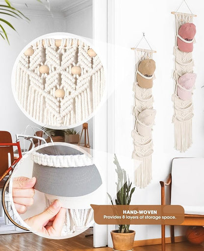 AceList 2-Pack Hat Organizer for Baseball Caps (Up To Holds 32) - Boho Wall Hanging Hat Rack & Over Door Cap Holder - Handmade Cotton Woven Storage Display for Men, Women, Room Decor