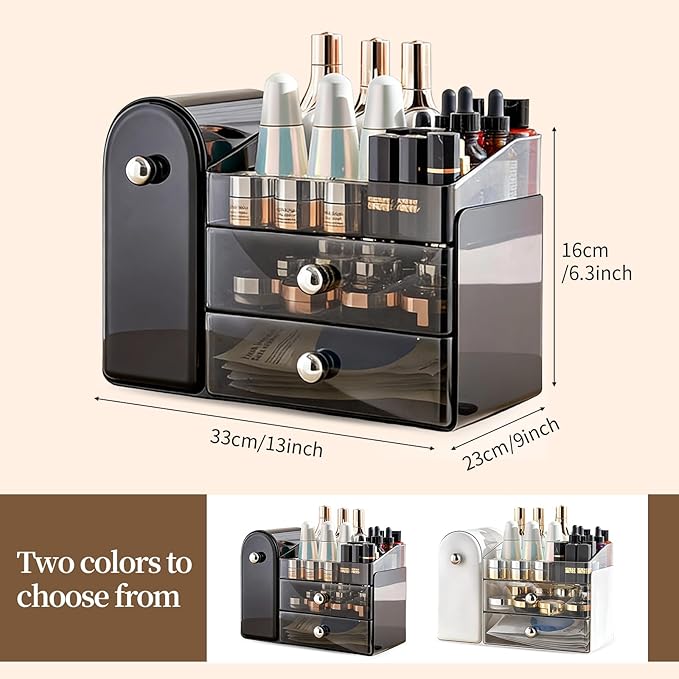 27 Slot Countertop Makeup Organizer with Brush Holder, 3-Tier Multifunctional Makeup Storage Organizer for Vanity, Fits Brushes & Large Cosmetics, Detachable & Easy to Clean