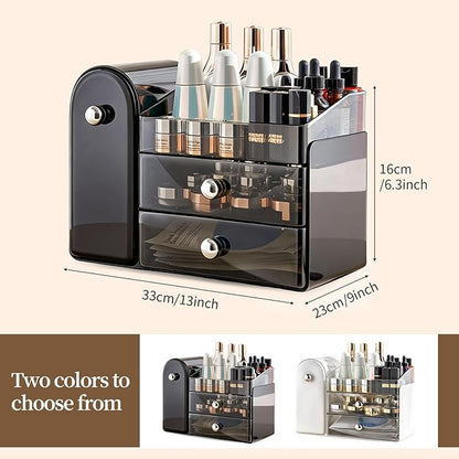 27 Slot Countertop Makeup Organizer with Brush Holder, 3-Tier Multifunctional Makeup Storage Organizer for Vanity, Fits Brushes & Large Cosmetics, Detachable & Easy to Clean