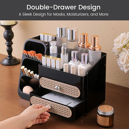 Aveniee Makeup Organizer with Drawers, Large Bathroom Countertop Organizer for Vanity, Desk Cosmetics Storage for Perfume Brushes Skincare Eyeshadow Lotions Lipstick-Black