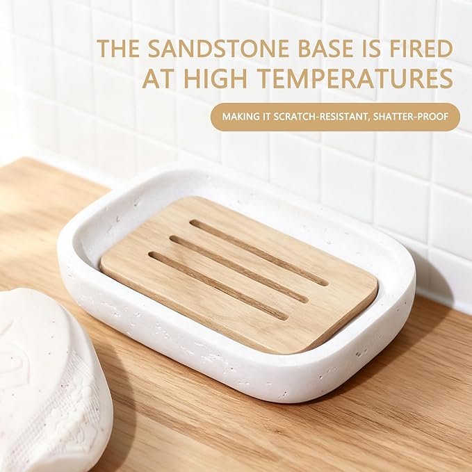 Soap Dish, Resin Wooden Double-Layer Drainage Bathroom Soap Dish, Suitable for Showers, Bathroom Sinks, and Kitchen Countertops (White)