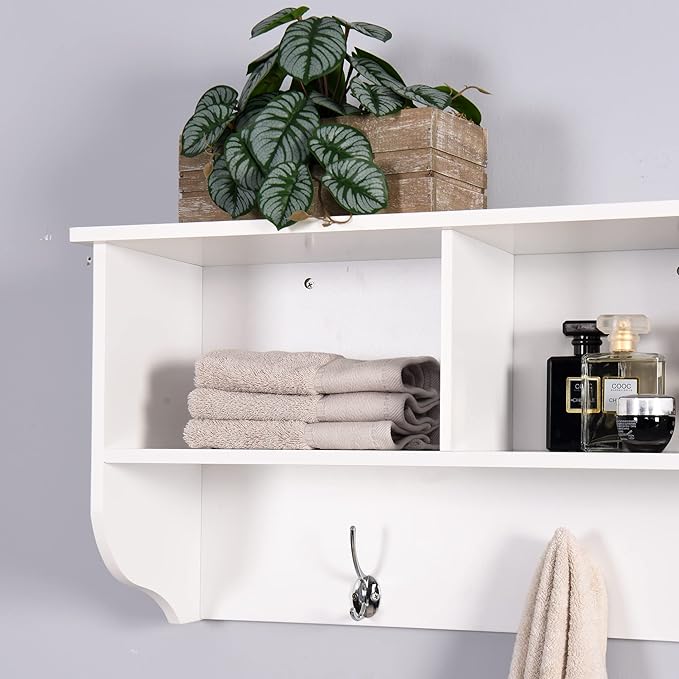 Wall Mounted Coat Rack with 4 Hooks & 3 Shelves, White MDF Entryway Storage, 38.6" Long, Easy Installation