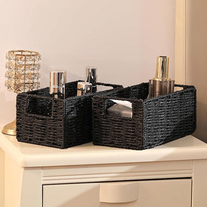 Vagusicc Wicker Storage Basket, Set of 2 Hand-Woven Paper Rope Wicker Basket, Small Storage Baskets for Organizing Toilet Paper Baskets, Foldable Large Cube Storage Organizer Bin for Shelves (Black)