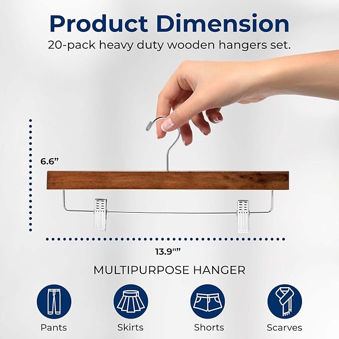 SereneLife 20 Pack Skirt and Pant Hanger with Adjustable Non-Slip Steel Clips, Premium Wooden, 360° Swivel Hook & 10 lb Capacity – Space-Saving Heavy-Duty Hangers for Jeans, Shorts & Slacks (Brown)