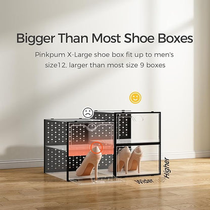 Pinkpum 15 Pack X-Large Shoe Storage Boxes Fit Size 11, Shoe Organizer for Closet Clear Plastic Stackable Shoe Dispaly Case Bins Holder, Sneaker Storage for Sneakerheads Black