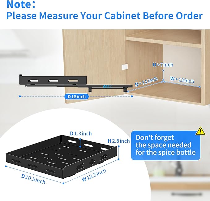 BOIVSHI Pull Out Spice Rack Organizer for Cabinet, 1 Tier Heavy Duty Spice Rack, Vertical Spice Rack for Kitchen Cabinet and Pantry (12.6''Wx10.5''Dx2.8''H, Metal Black)