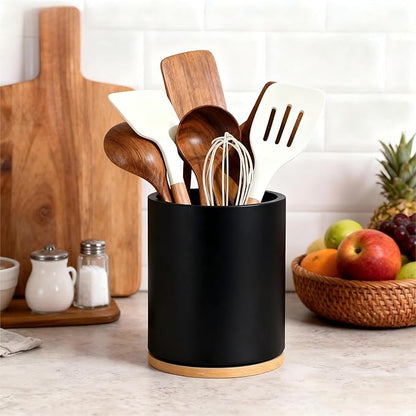Wooden Utensil Holder, 360°Rotating 7.3'' Large Utensil Holder for Kitchen Counter, Kitchen Utensil Organizer, Utensil Crock, Farmhouse Kitchens Countertop Decor, Black Color