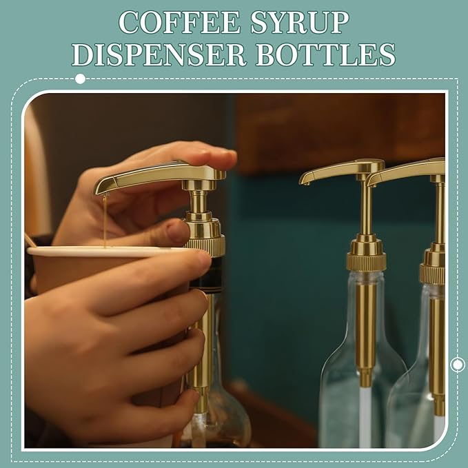 Maxdot 8 Pcs 25 oz Syrup Bottles with Pump Long Neck Bottles Plastic Syrup Pump Dispenser for Coffee Bar Accessories Home Party (Gold)