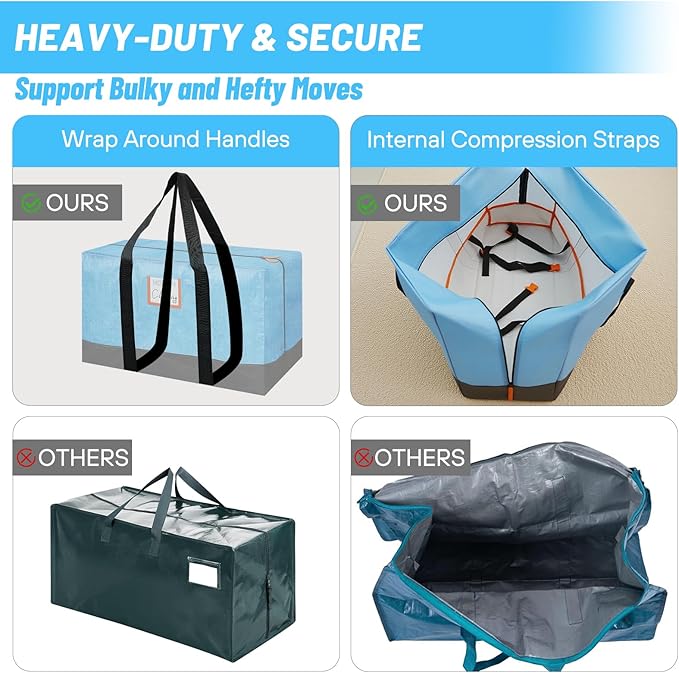 6 Pack Large Moving Bags, 115lb Capacity Heavy Duty Packing Bags with Internal Compression Straps, Storage Bag with Zippers and Strong Handles, Alternative to Moving Boxes -103L,Blue and Black