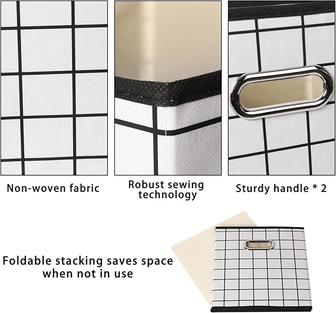 Fabric Cloth Storage Bins,Fabric Cube Organizer with Dual Handles Foldable Cube Storage Baskets for Home Bedroom Storage,Set of 6,(White grid)