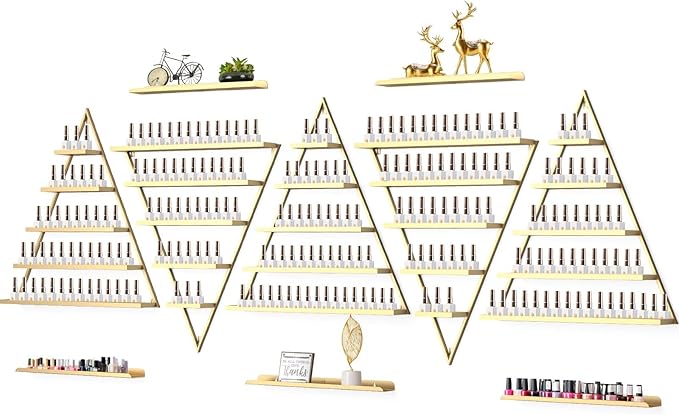 10PCS Metal Wall-mounted Nail Polish Storage Racks, Lorvain 5 Tiers Gold Triangular Display Rack Cosmetic Display Cases Lipstick Perfume Wall Shelf Essential Oil Organizer for Home Spa Nail Salon Shop