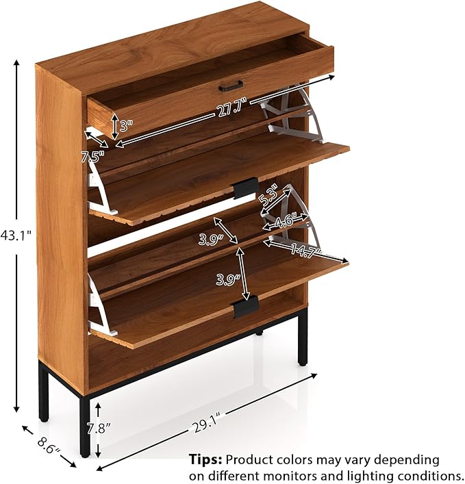 XIAO WEI Shoe Cabinet, Shoe Storage Organizer Cabinet with 2 Flip Half Moon Line Doors, Freestanding Shoe Rack with Adjustable Shelf for Entryway（Walnut）