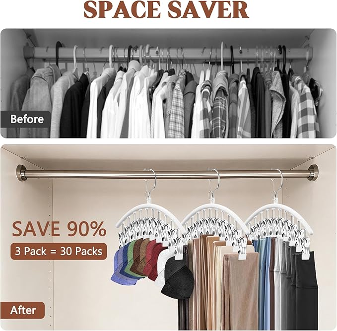3 Pack Hat Hangers for Closet Display, Metal Hat Organizer for Baseball Caps with 30 Clips, Hats Rack Holder for Closet, Hats Storage for Baseball Caps Beanie Accessories Men Women, White