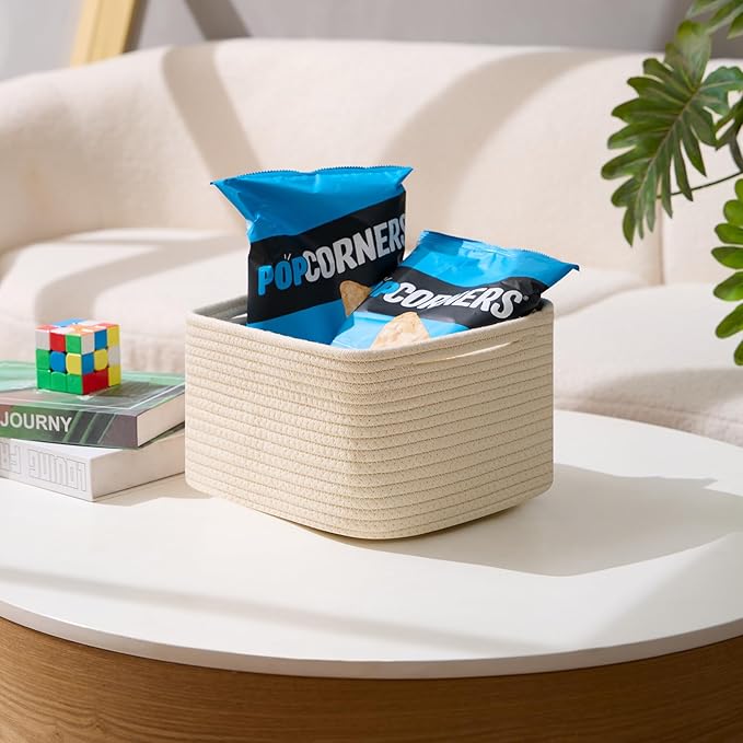 MiniArk Small Organizing Baskets for Cubes Shelf, 9.7x9.7x7.1 Inch Rope Woven Storage Bins for Nursery Shelves Storage, Cute Toy Basket, Square 3 Packs Beige