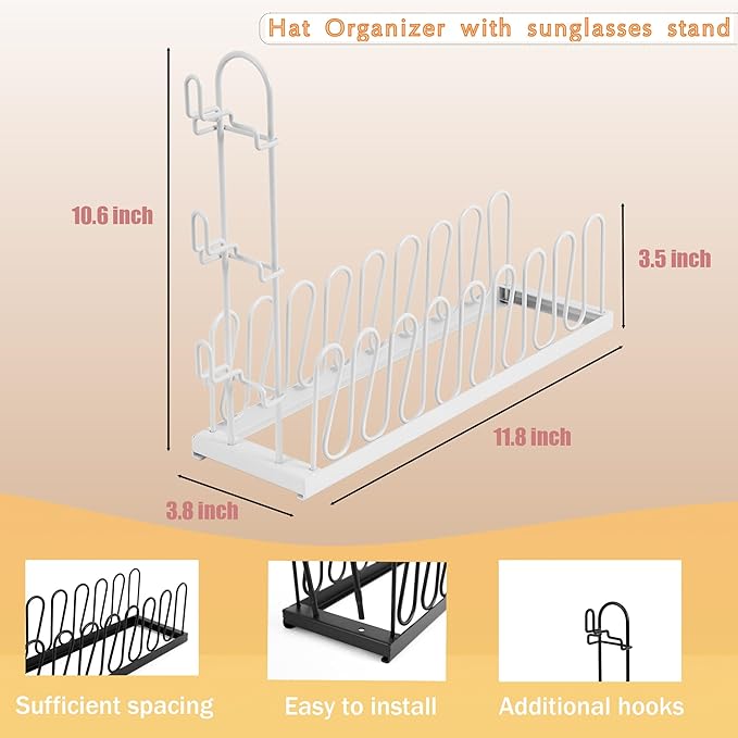 Hat Stand for Baseball Caps for 8 Hats Hat Rack Holder with sunglasses stand, Tabletop Hat Display Stand for Closet Organizers and Storage