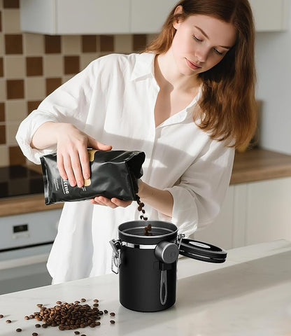 Coffee Gator Coffee Canister, 22oz Airtight Stainless Steel Kitchen Food Storage Container with Date Tracker, Valve, Scoop for Sugar, Grounds, Beans, Tea, Sugar, Cereal, Flour, Cookies Jars - Black