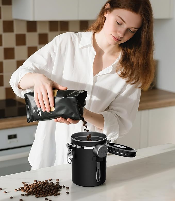 Coffee Gator Coffee Canister, Airtight Stainless Steel Kitchen Food Storage Container with Date Tracker, Scoop for Sugar, Grounds Coffee, Beans,Tea, Sugar, Cereal, Flour, Cookies Jars (Black, 16oz)