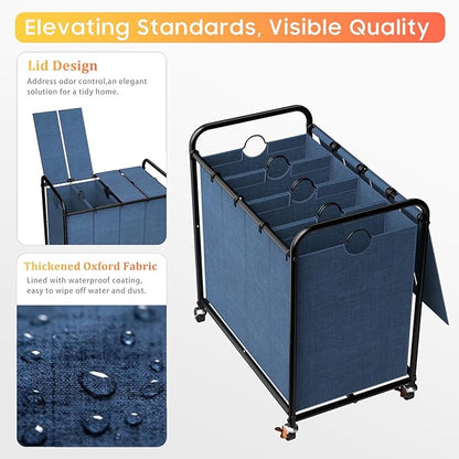 Laundry Sorter 4 Sections 48 Gal, Rolling Laundry Basket with Lockable Wheels and Lid, Laundry Hamper with 4 Separated Removable Bags Dirty Clothes Hamper for Laundry Room Organizer, Blue