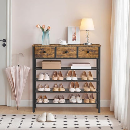 YATINEY 5-Tier Shoe Rack with 3 Drawers, Metal Shoe Organizer for 20 Pairs with Storage Shelves and Wooden Top, for Entryway, Hallway, Foyer, Closet, Rustic Brown and Black SS35BR