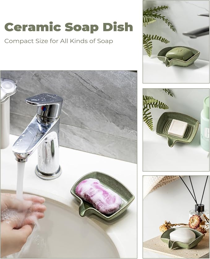 Self Draining Soap Dish, Ceramic Drain Soap Holder Waterfall Design Soap Saver for Shower, Bathroom, Sink, Kitchen and Countertop, Keeps Dry, Green