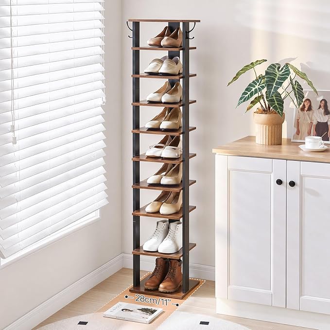 HOOBRO 10 Tiers Vertical Shoe Rack, Wooden Shoe Storage Organizer with Hooks, Narrow Shoe Tower for 10 Pairs, Space Saving, for Entryway, Living Room, Bedroom, Rustic Brown BF141XJ01