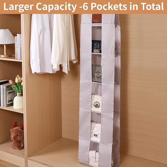 Over The Door Purse Organizer, 6-Pocket Hanging Storage for Handbags, 62.2x10.24 Inch, Space-Saving Closet Organizer with Metal Hooks, Gray (Gray)
